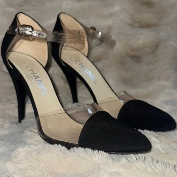 CHANEL Black & Transparent Ankle Strap Heels Size 37.5/ US 7 Made In Italy - Picture 7 of 14